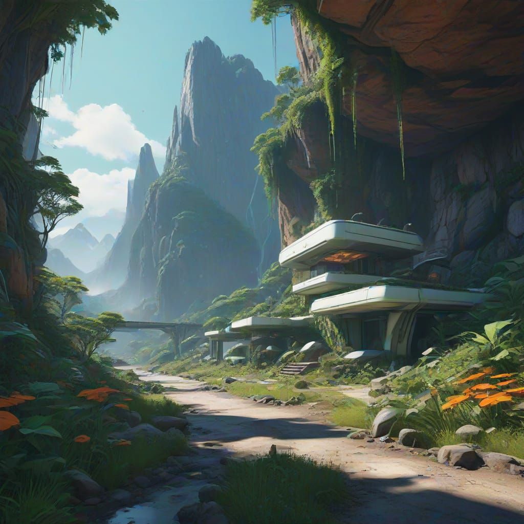 Surreal Solarpunk Haven Amidst Snowy Peaks