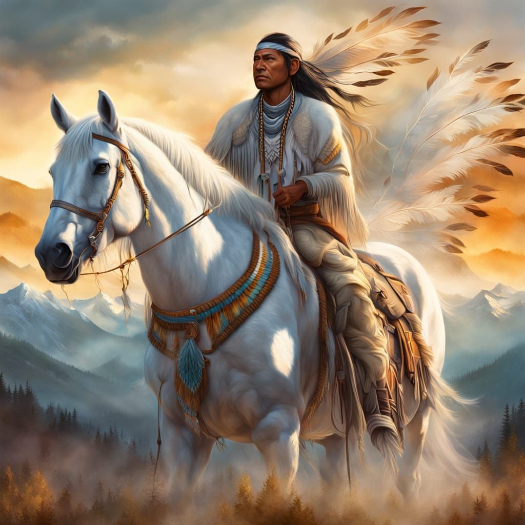 Native American Rider on White Horse in Airbrush Style
