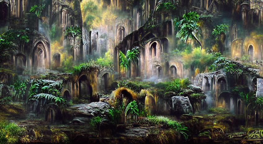 Faerie Ruins in Primordial Jungle, Detailed Matte Painting