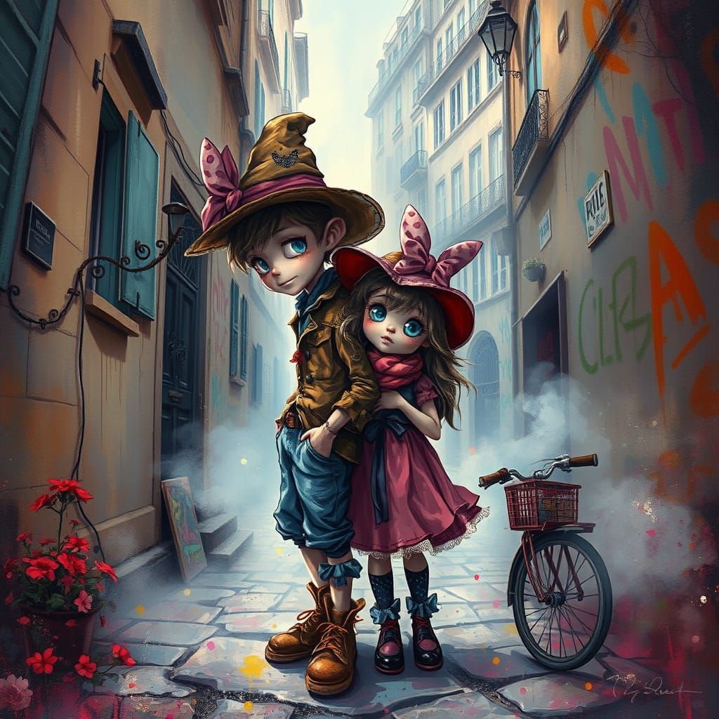 Parisian Whimsy in Vibrant Street Art Style