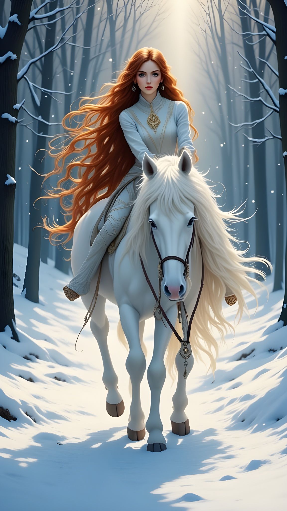 Winter Forest Woman and Horse in Magical Ethereal Style