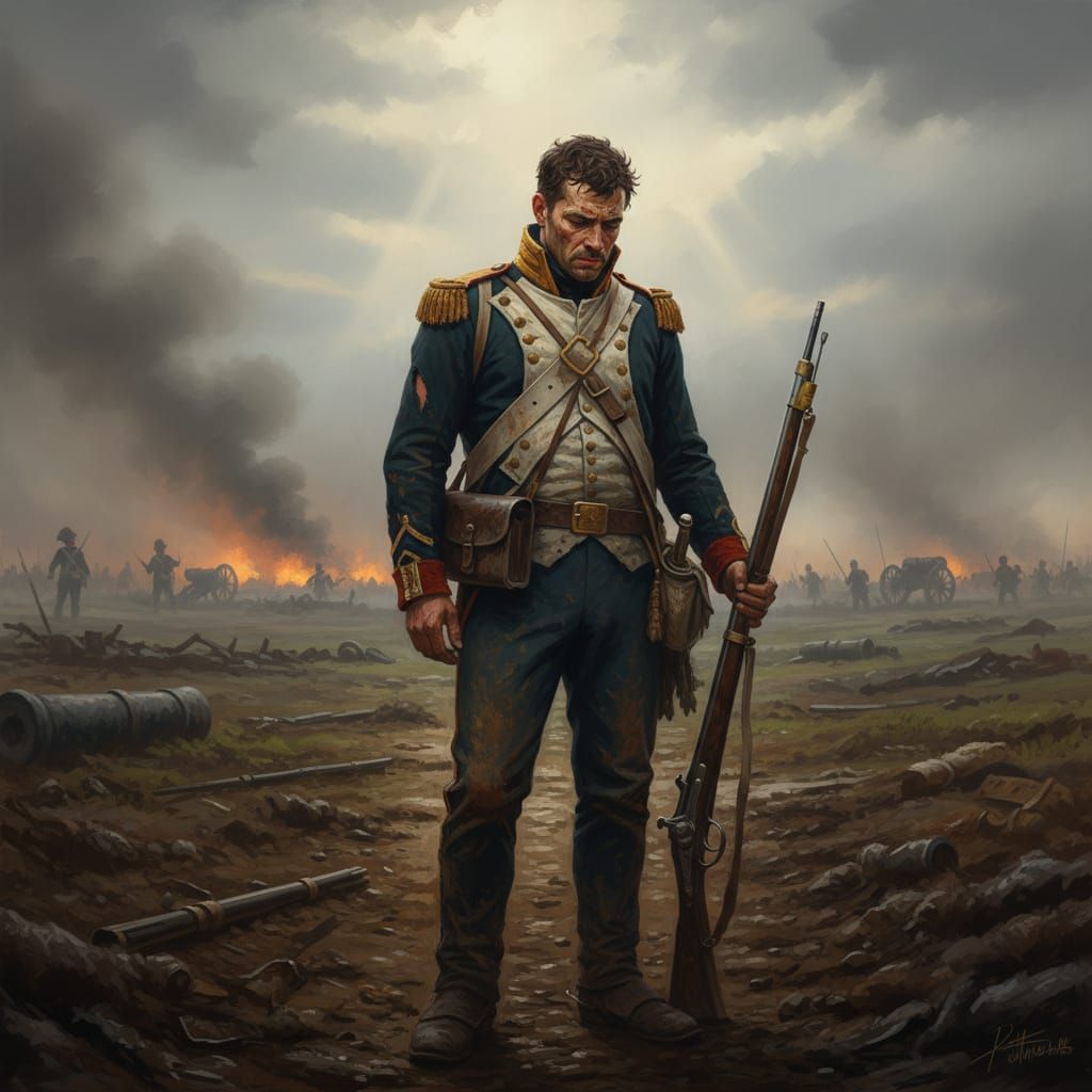 Napoleonic Soldier in Muddy Battlefield After Conflict