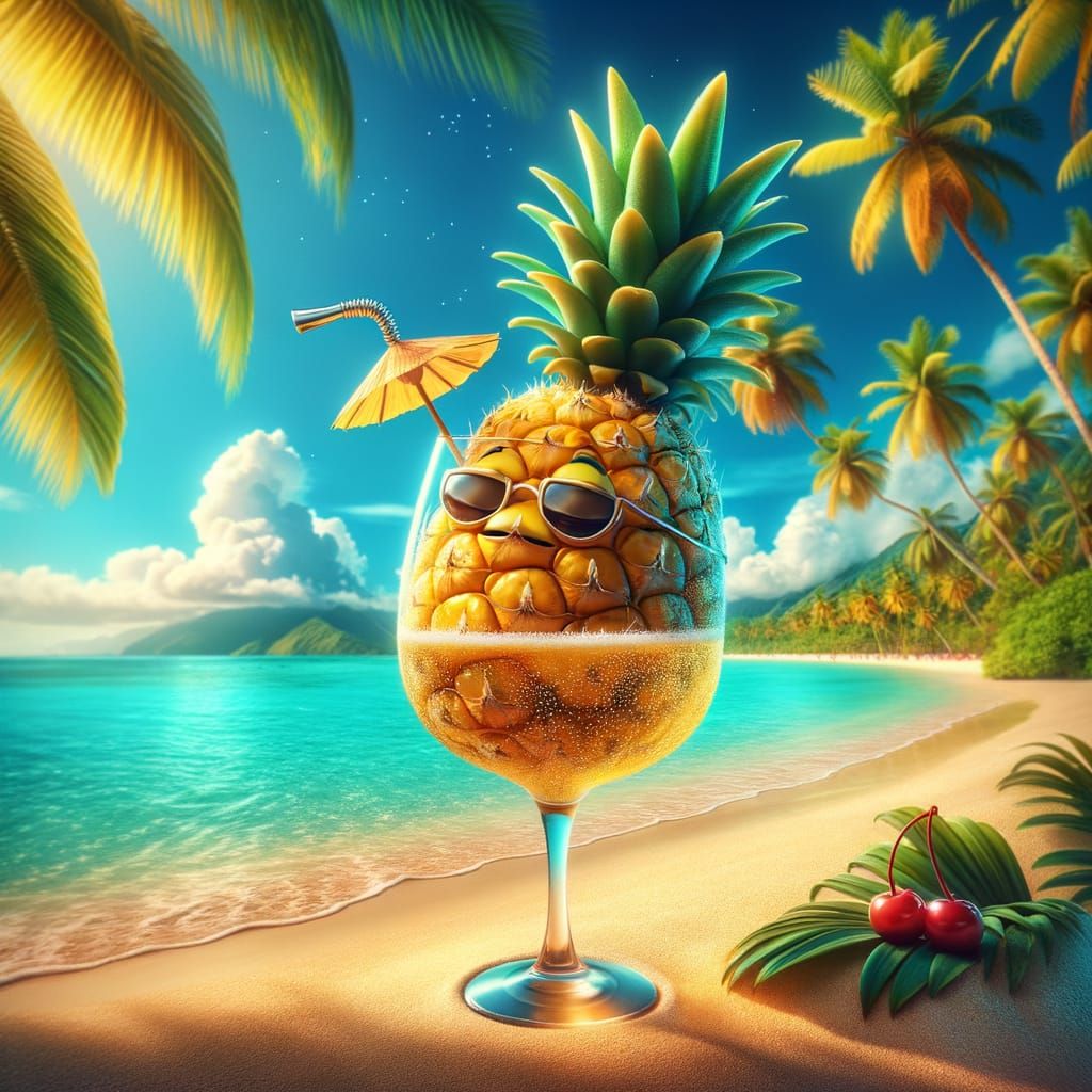 Sleepy Pineapple Character Relaxing with Champagne
