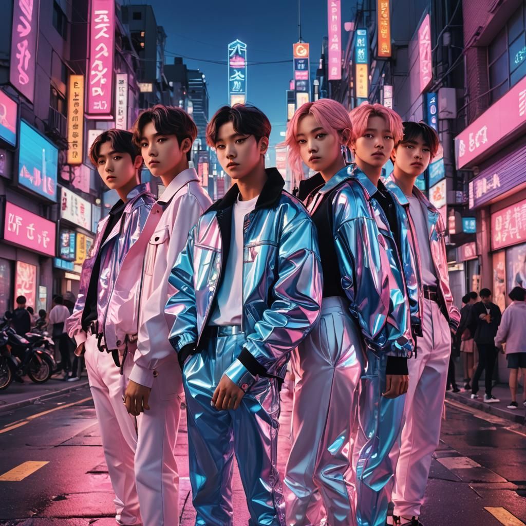 BTS Portrait in Neon Cityscape, Futuristic Concept Art