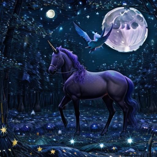 Unicorn in Fantasy Forest Under Starry Night