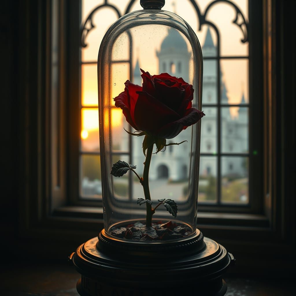 Enchanted Rose Wilting at Sunset, Hyperrealistic Style