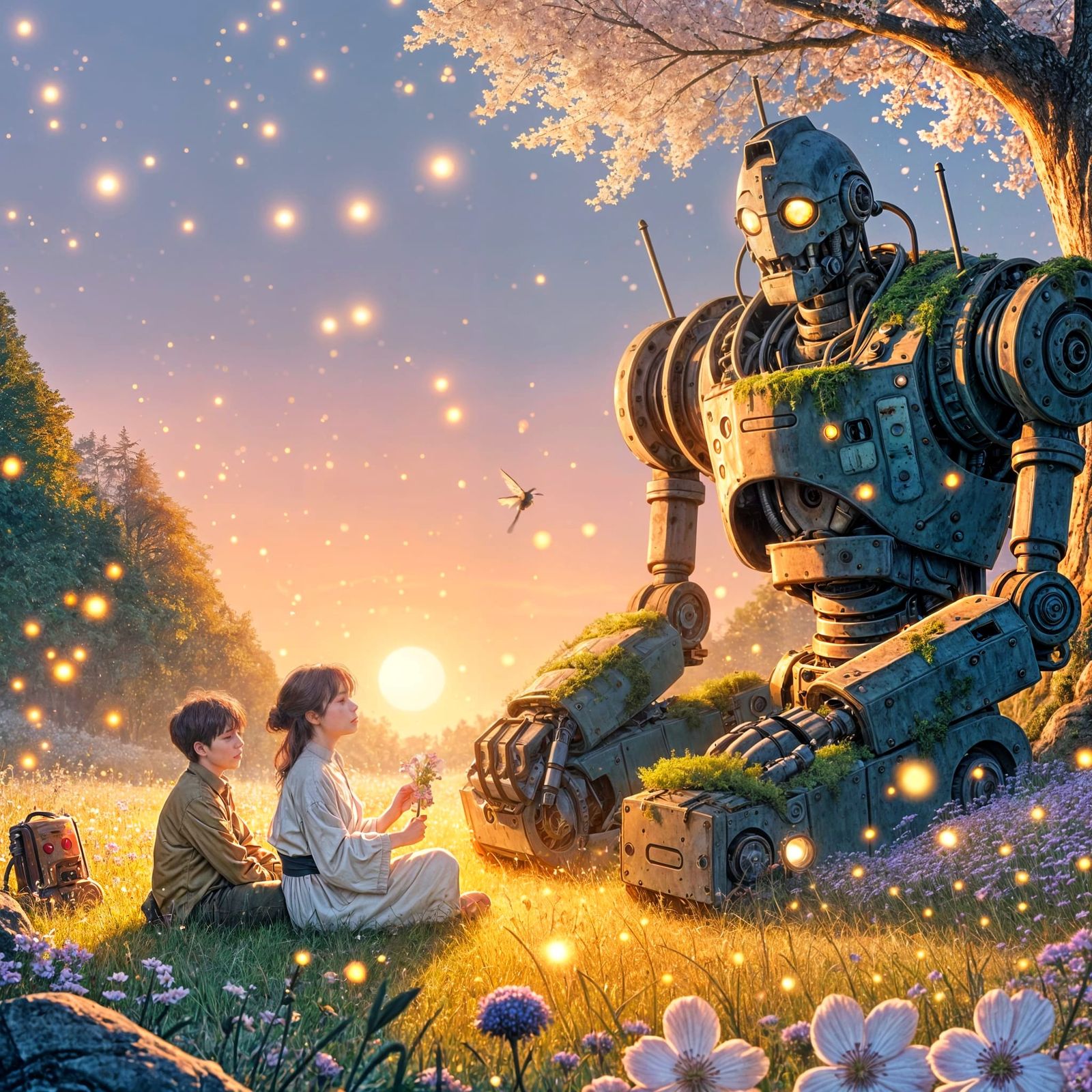 Anime-Style Robot and Couple in Tranquil Setting