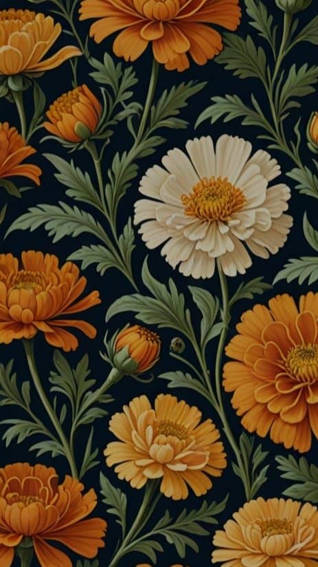 Whimsical Blue Marigold Garden in Vintage Oil Painting Style