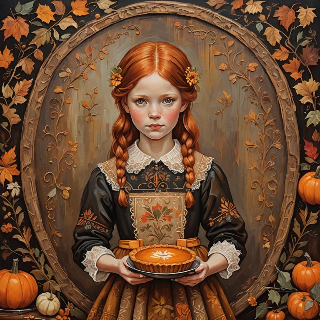 Redhead Girl with Pumpkin Pie in Folk Art Style