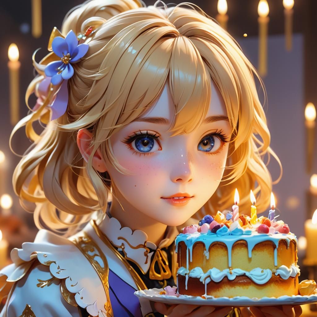 Anime Girl Eating Cake in 3D Art Style