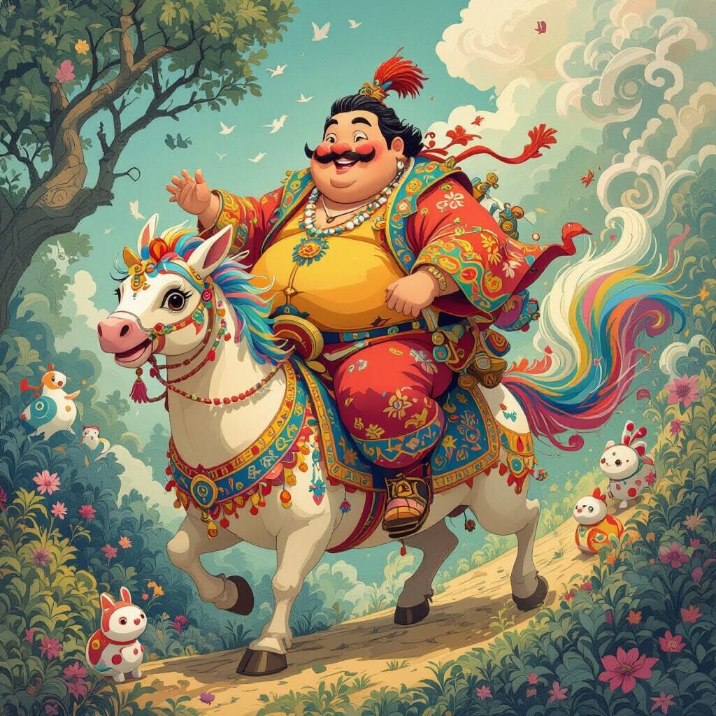 Man Rides Sahur with Mythical Creatures, Miyazaki Style