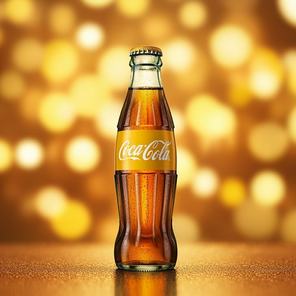 Coca-Cola Bottle with Yellow Cap and Bokeh Lights