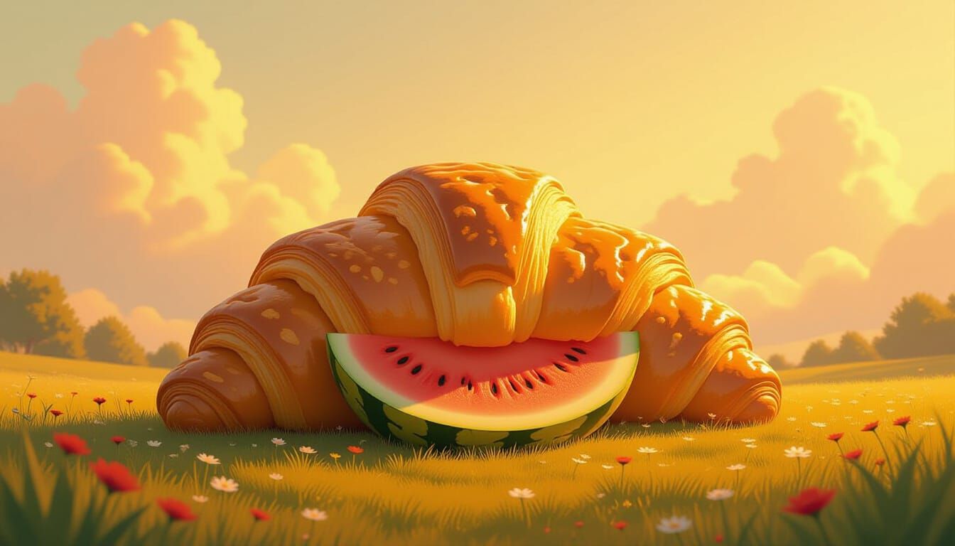 Dreamlike Landscape with Gigantic Croissant, Miyazaki Style