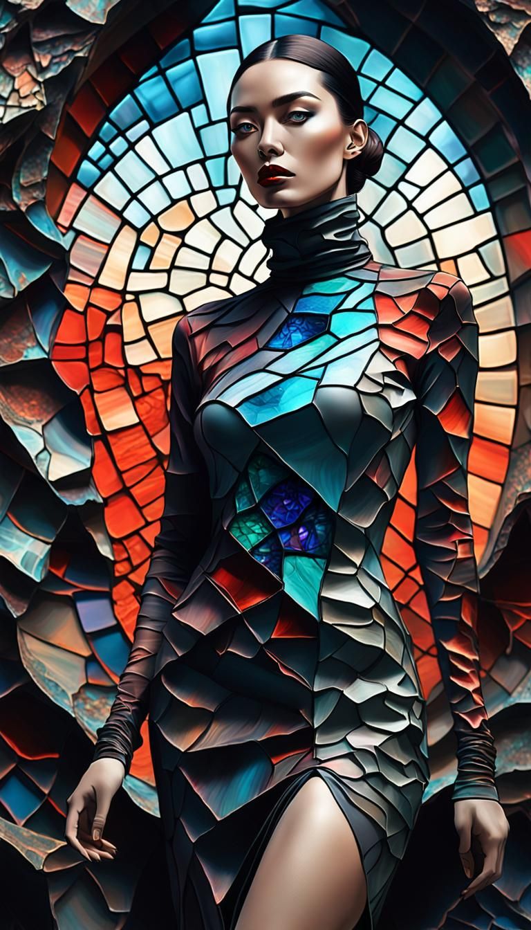 Sensual Woman in Silk Dress: Hyperrealistic Stained Glass Ar...