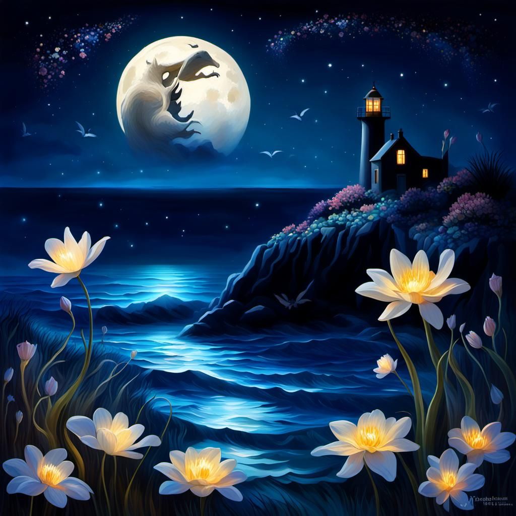Enchanting Seaside Night Fantasy Concept Art