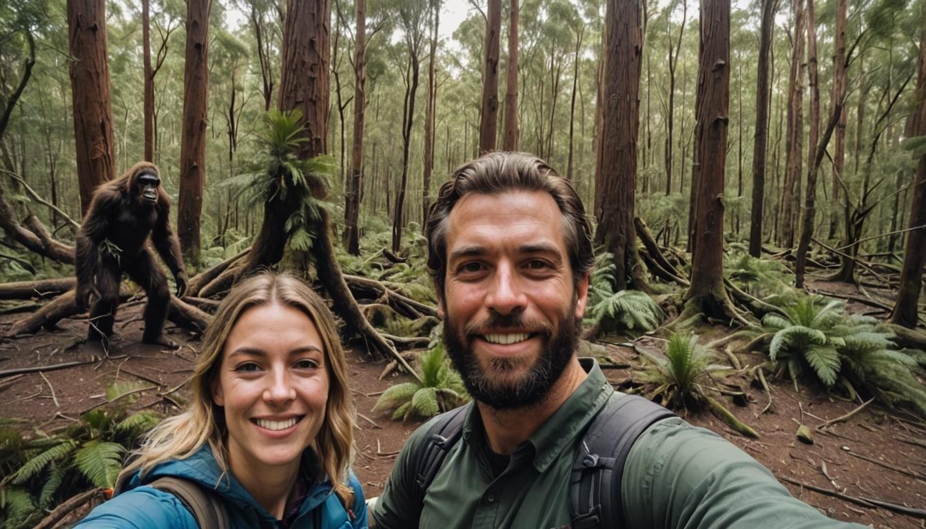 Couple's Forest Selfie, Bigfoot Photobomb