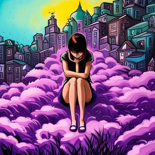 Anime Girl on Hill in Graffiti Art Style