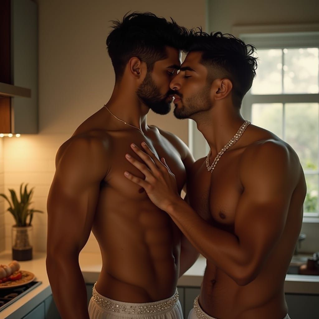 Romantic Embrace: Indian Men Cooking in Golden Light
