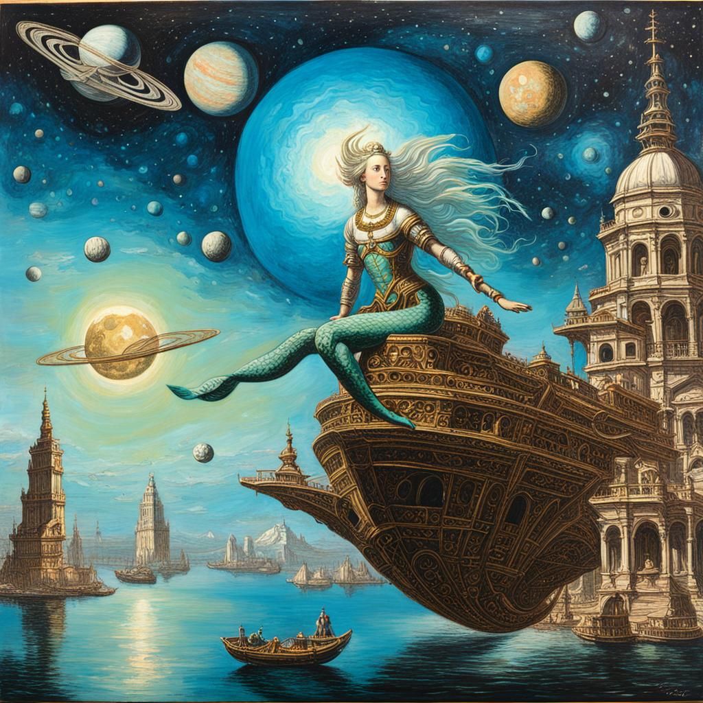Space Mermaid Goddess Starship Captain: Canaletto Style