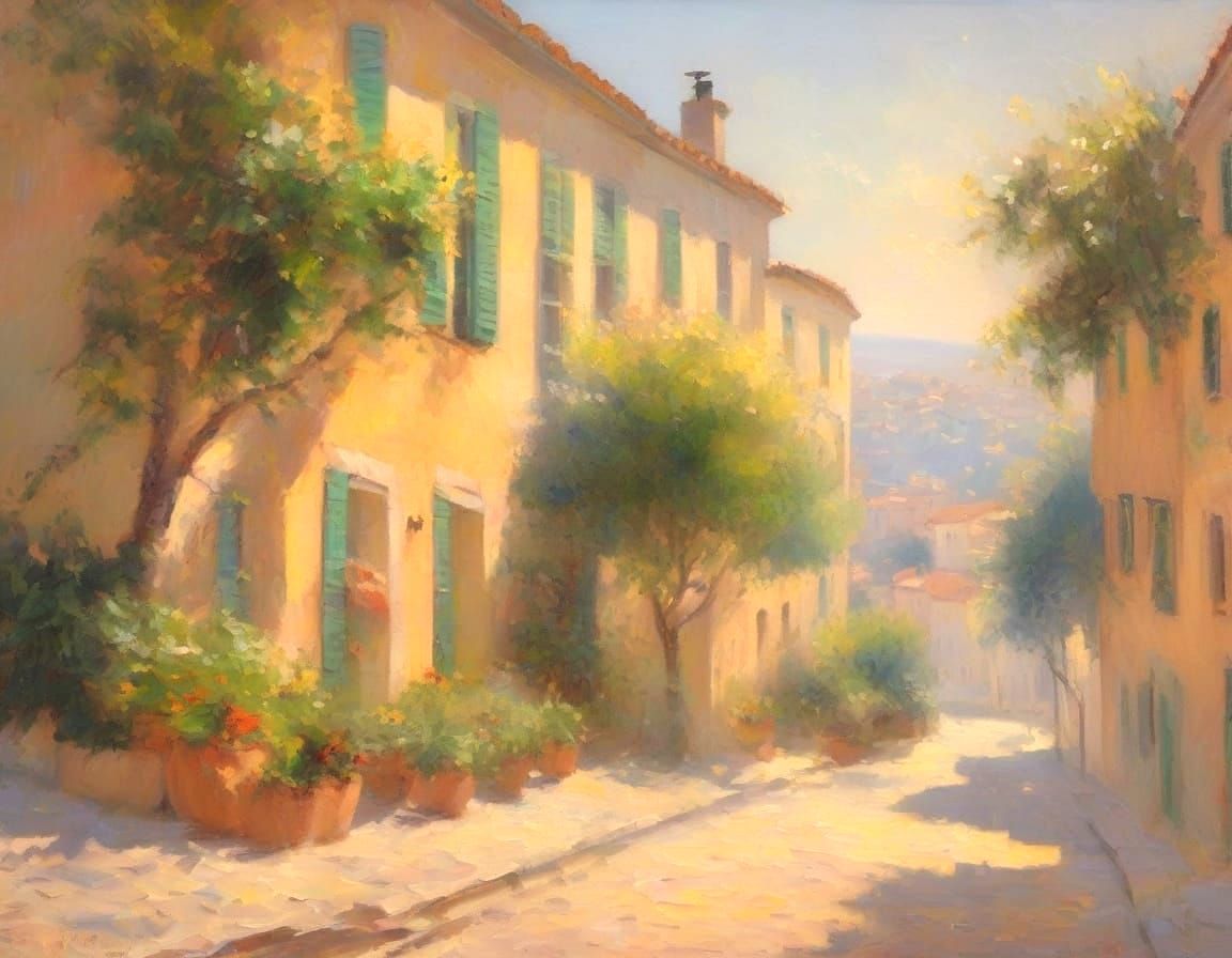 French Riviera Village in Impressionist Style