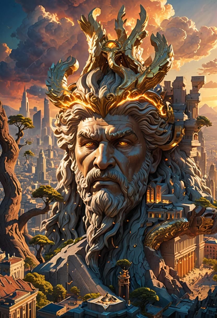 Zeus Over Mystical Cityscape: Fantasy Concept Art