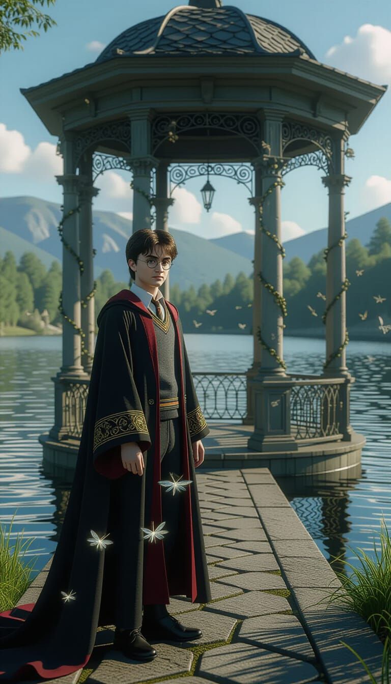 Harry Potter in a Surreal Lakeside Scene