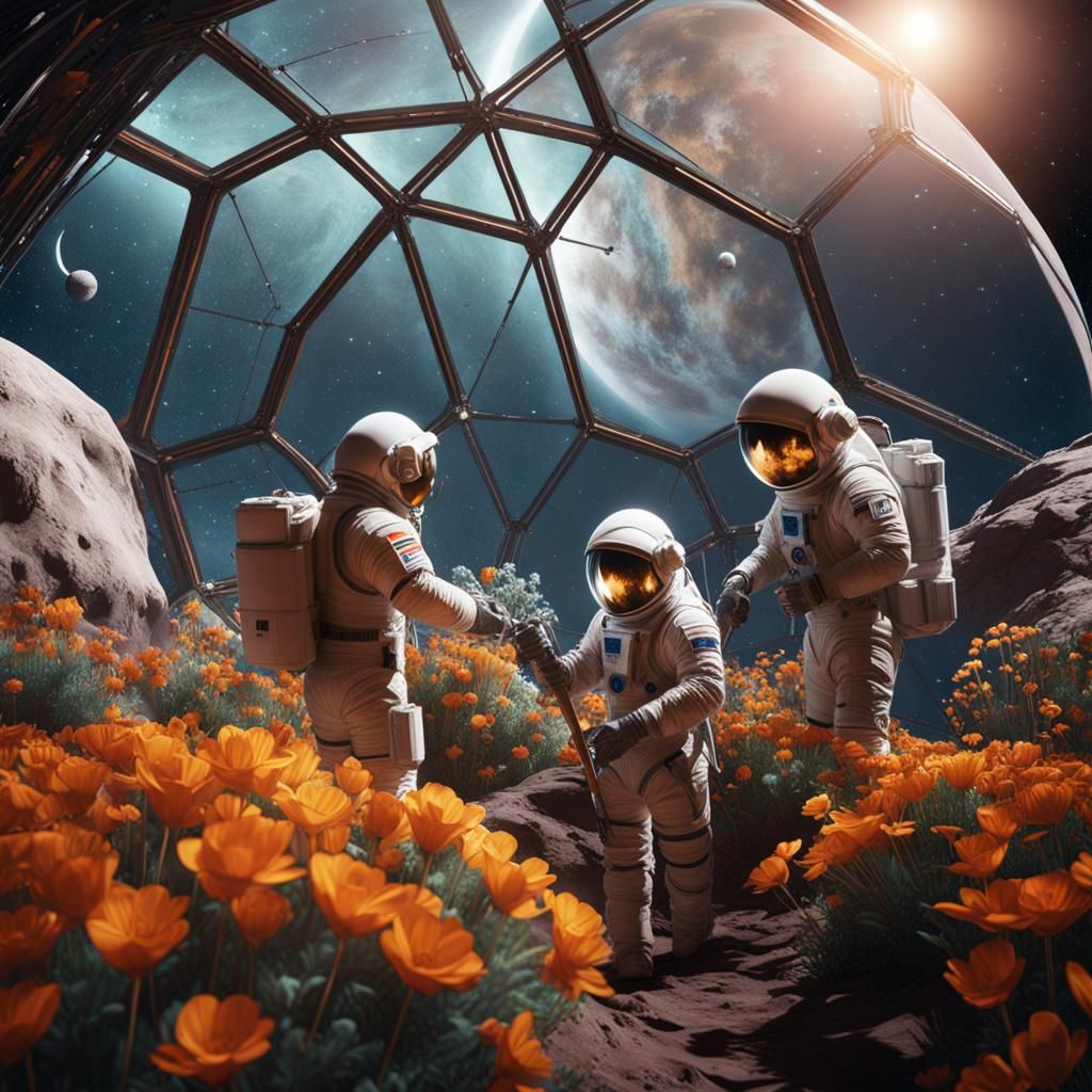 Astronauts Tend Lunar Flowers in Geodesic Dome