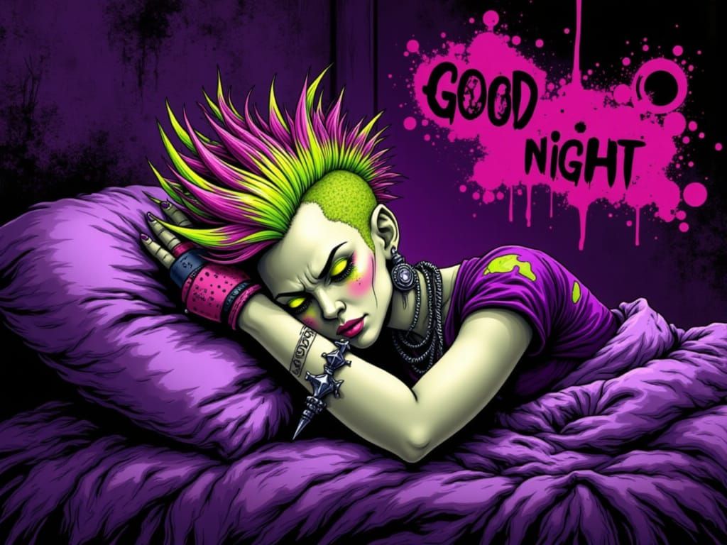 Punk Rock Woman With Rainbow Hair Rests in Comic Style