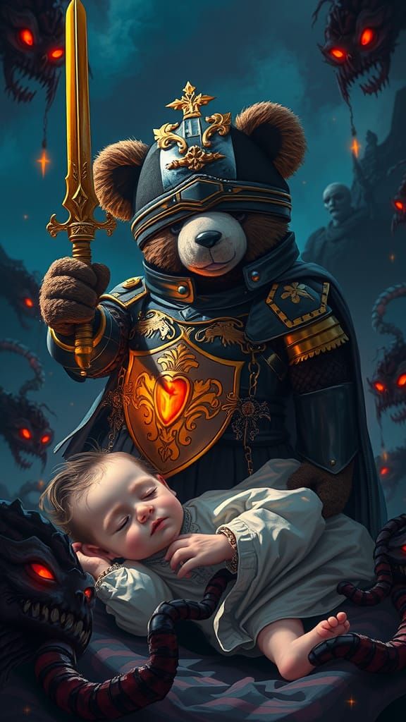 Armored Teddy Bear Guardian Against Shadow Monsters