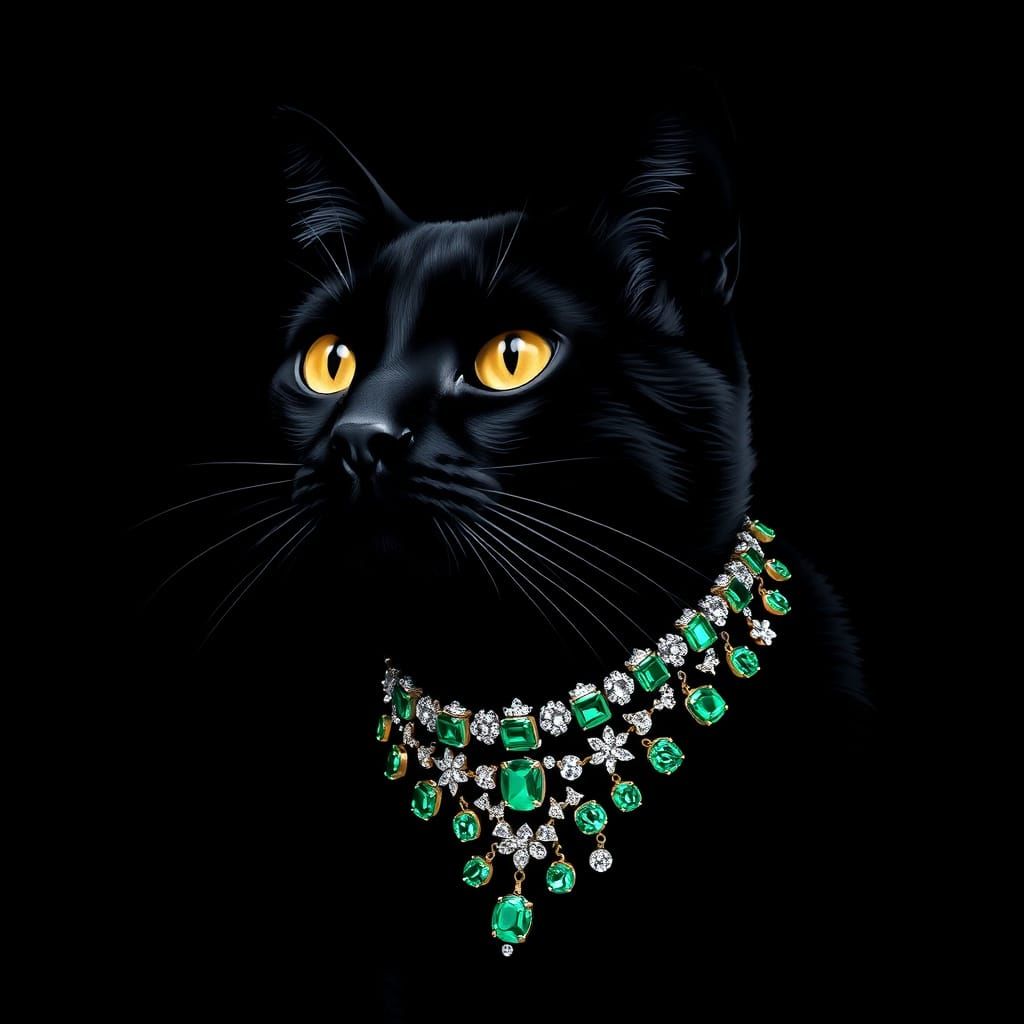 Luxurious Black Cat in Emerald and Diamond Collar