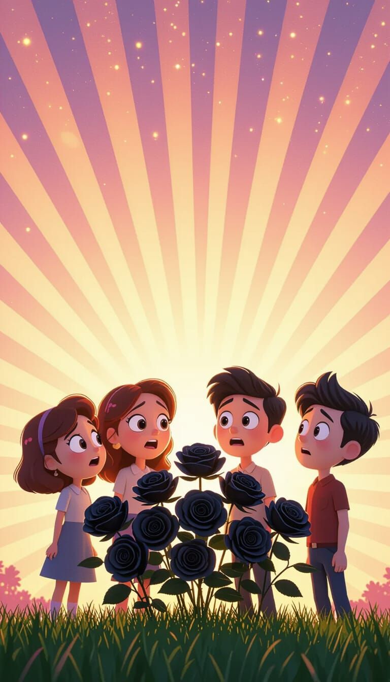 Fearful Characters Confront Black Roses in Pixar Style