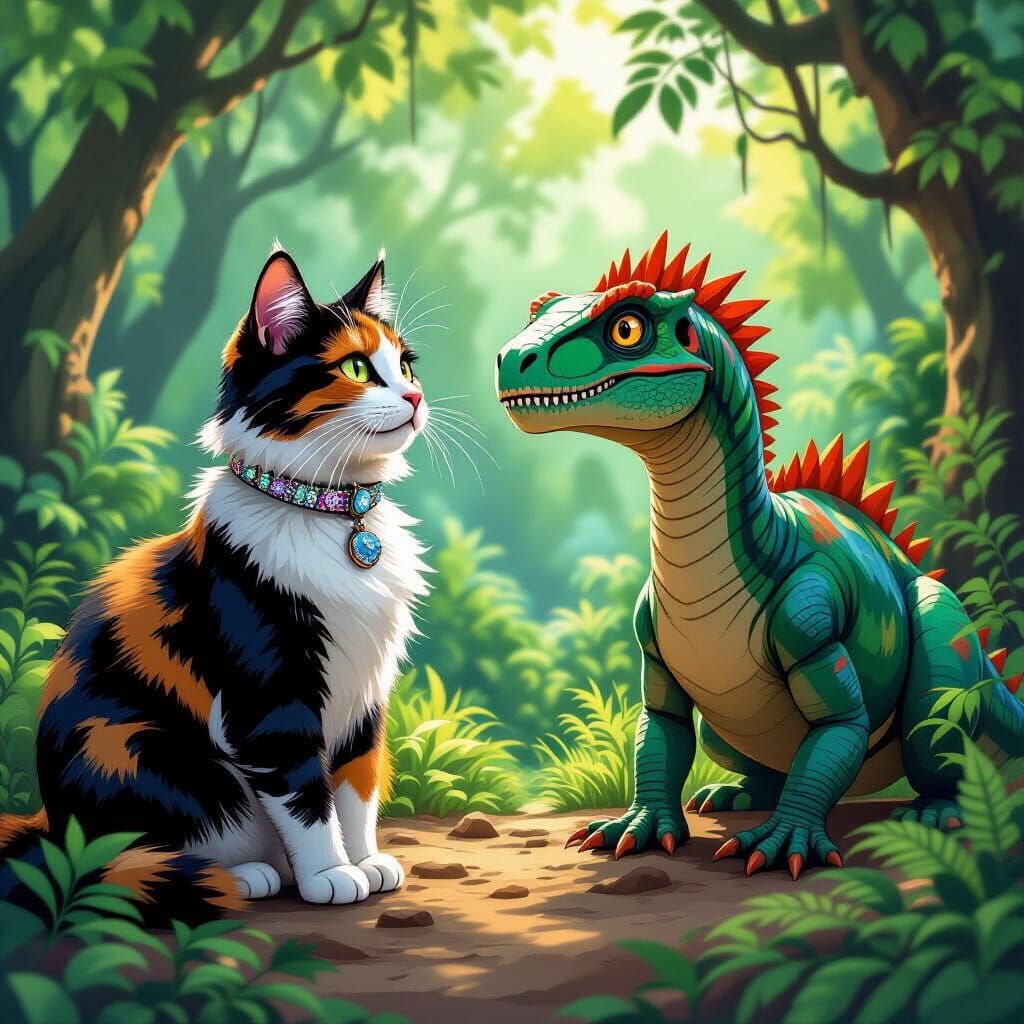 Calico Cat Chatting with Dinosaur in Forest