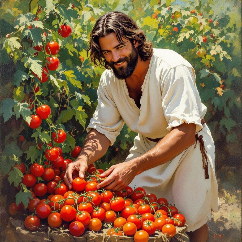 Tomato Farmer Smiling in Rustic Landscape