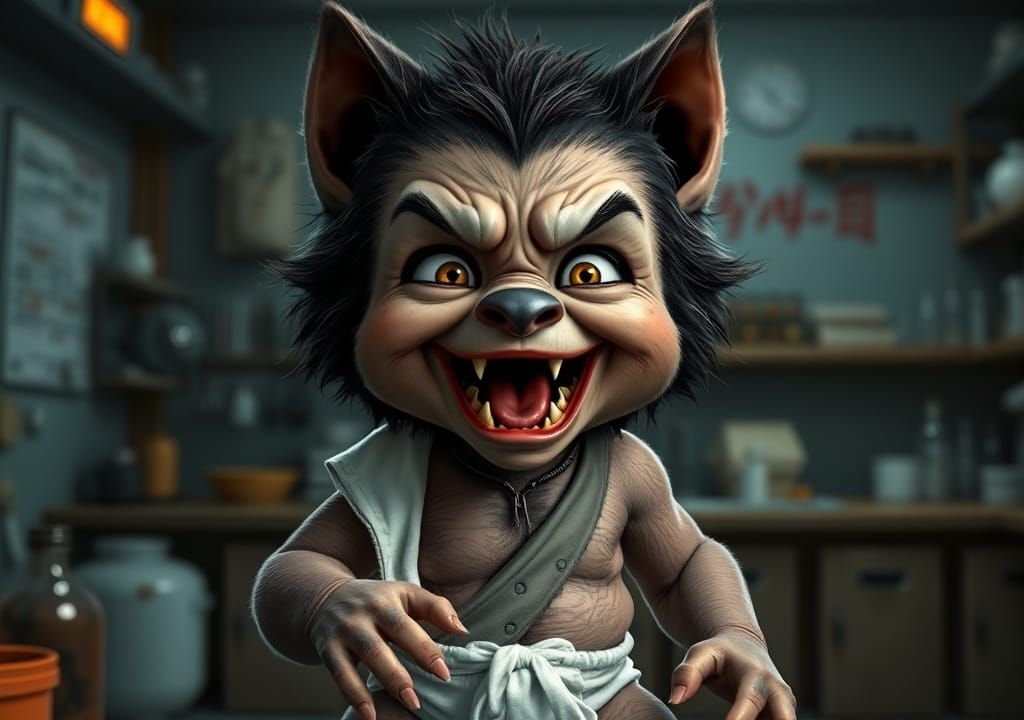 Baby Werewolf in Mad Scientist Lab, Humorous Caricature