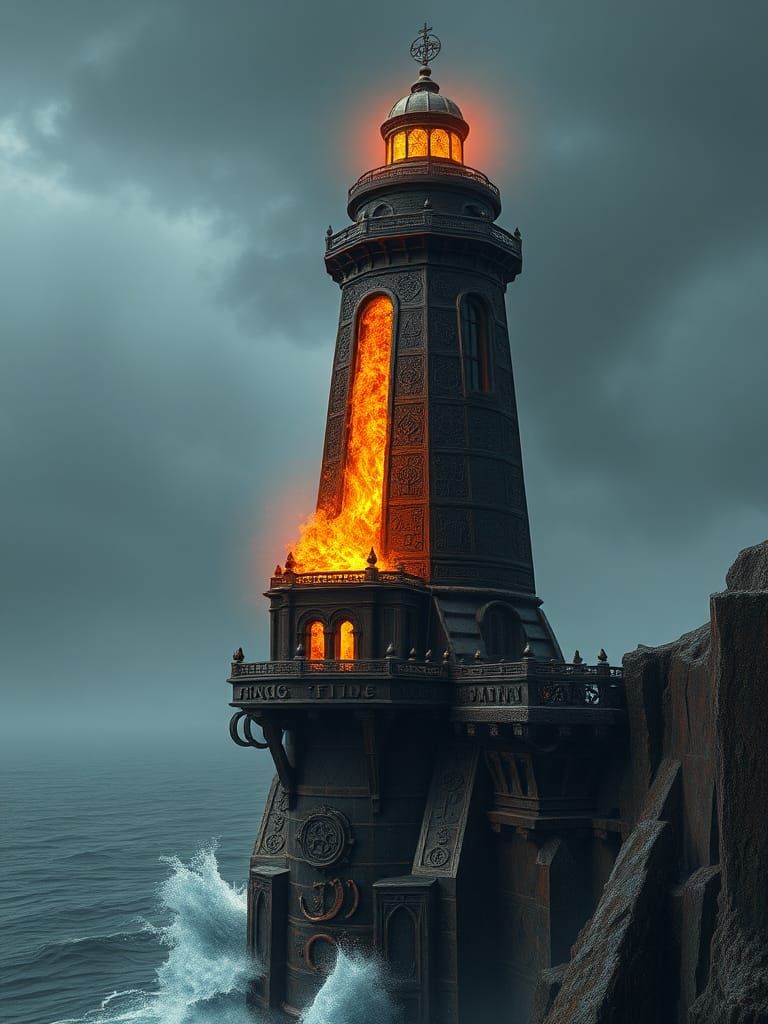 Obsidian Lighthouse Radiates Ethereal Glow on Crimson Cliffs