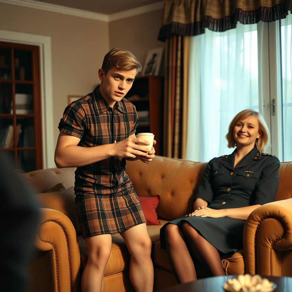 Worried Young Man Crossdresses in Plaid Dress