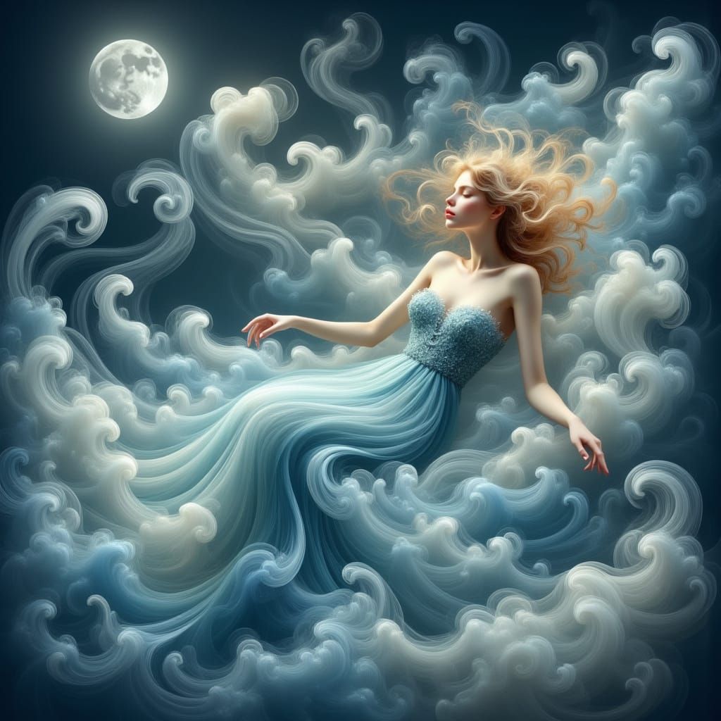 Ethereal Girl in Moonlit Sky, Dreamy Art