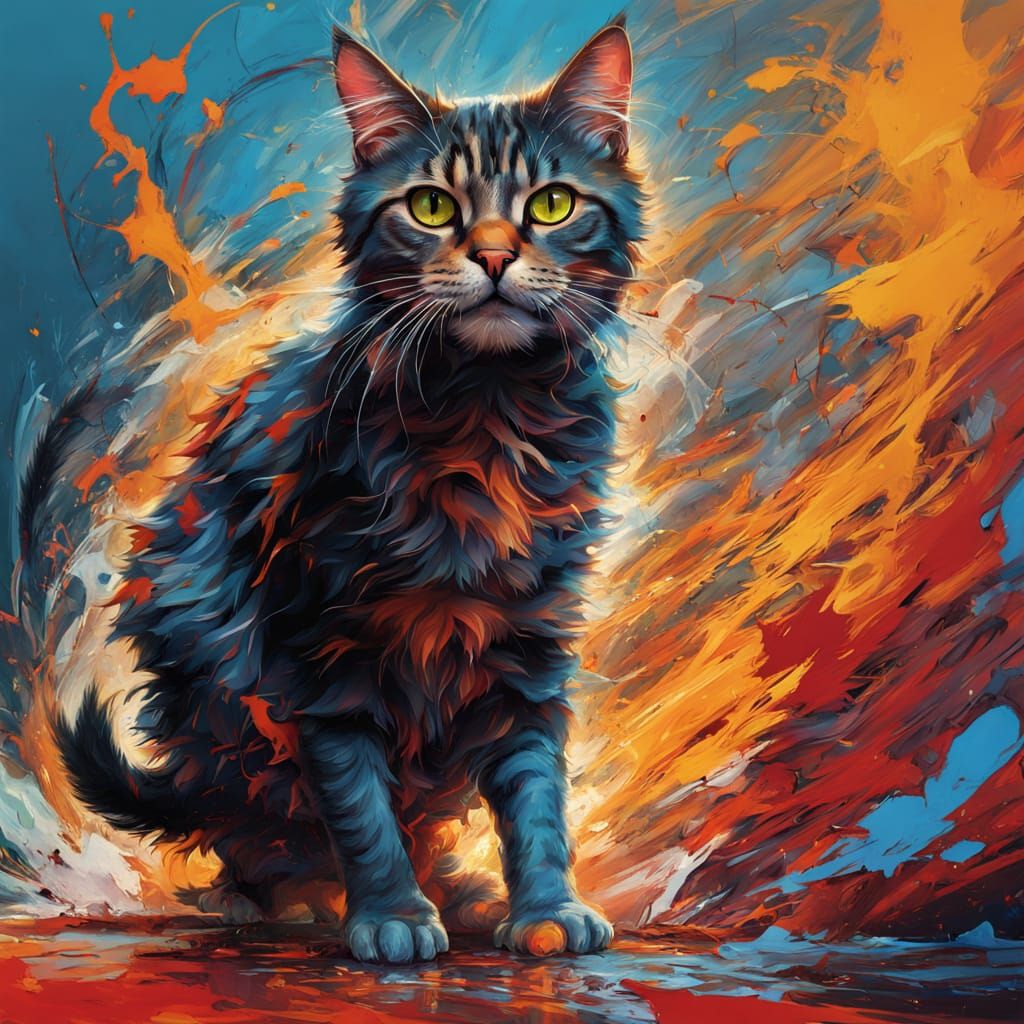 Frenzied Feline Canine Tussle in Expressionist Style