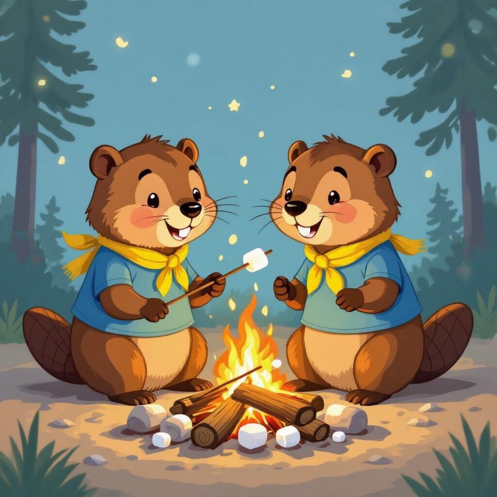 Two Beavers Roasting Marshmallows by Campfire