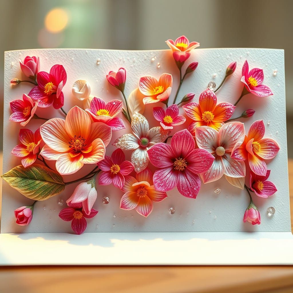 Luxurious 3D Greeting Card with Vibrant Spring Flowers