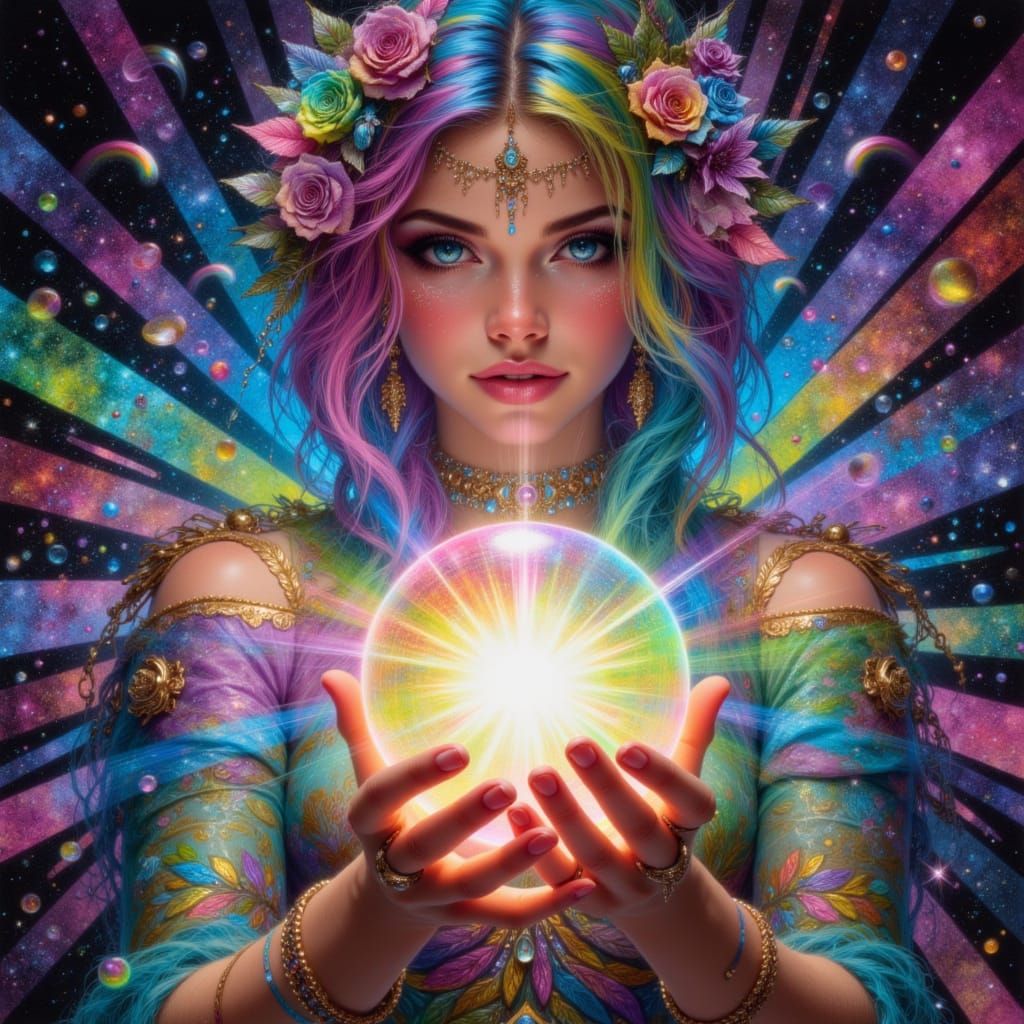 Magical Heroine with Exploding Crystal Orb in Rainbow Light