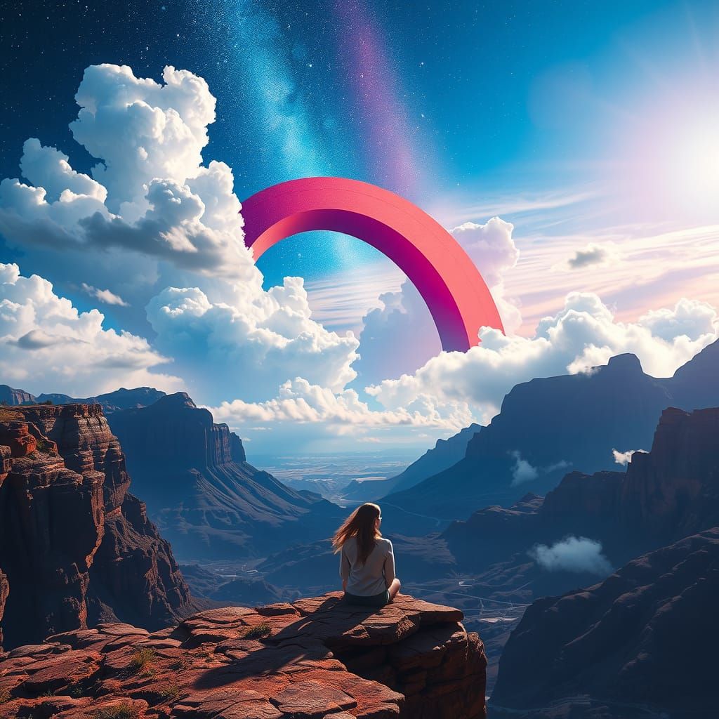 Cosmic Vista: Woman Overlooking Breathtaking Sci-Fi Landscap...