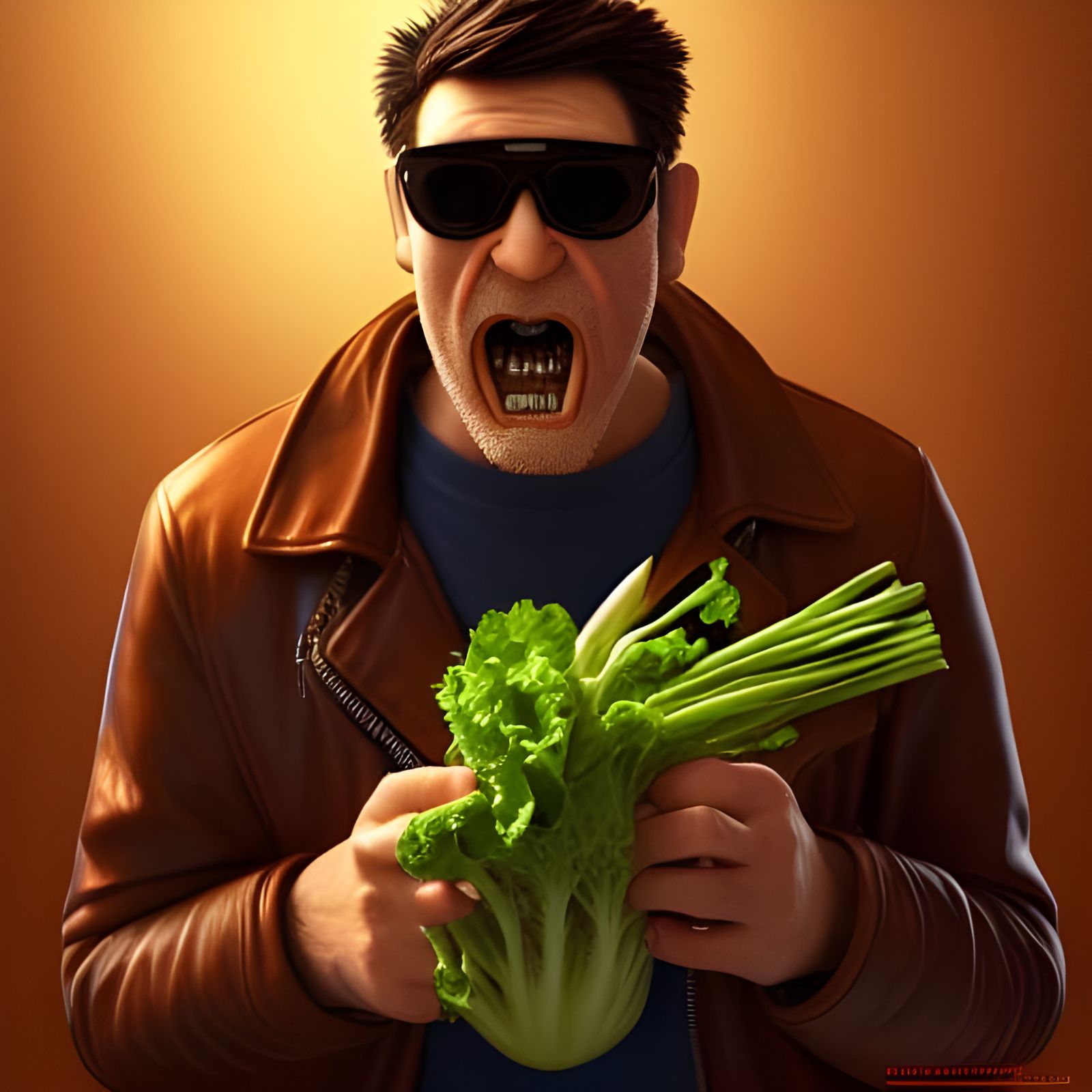 Man in Leather Jacket Eating Vegetables