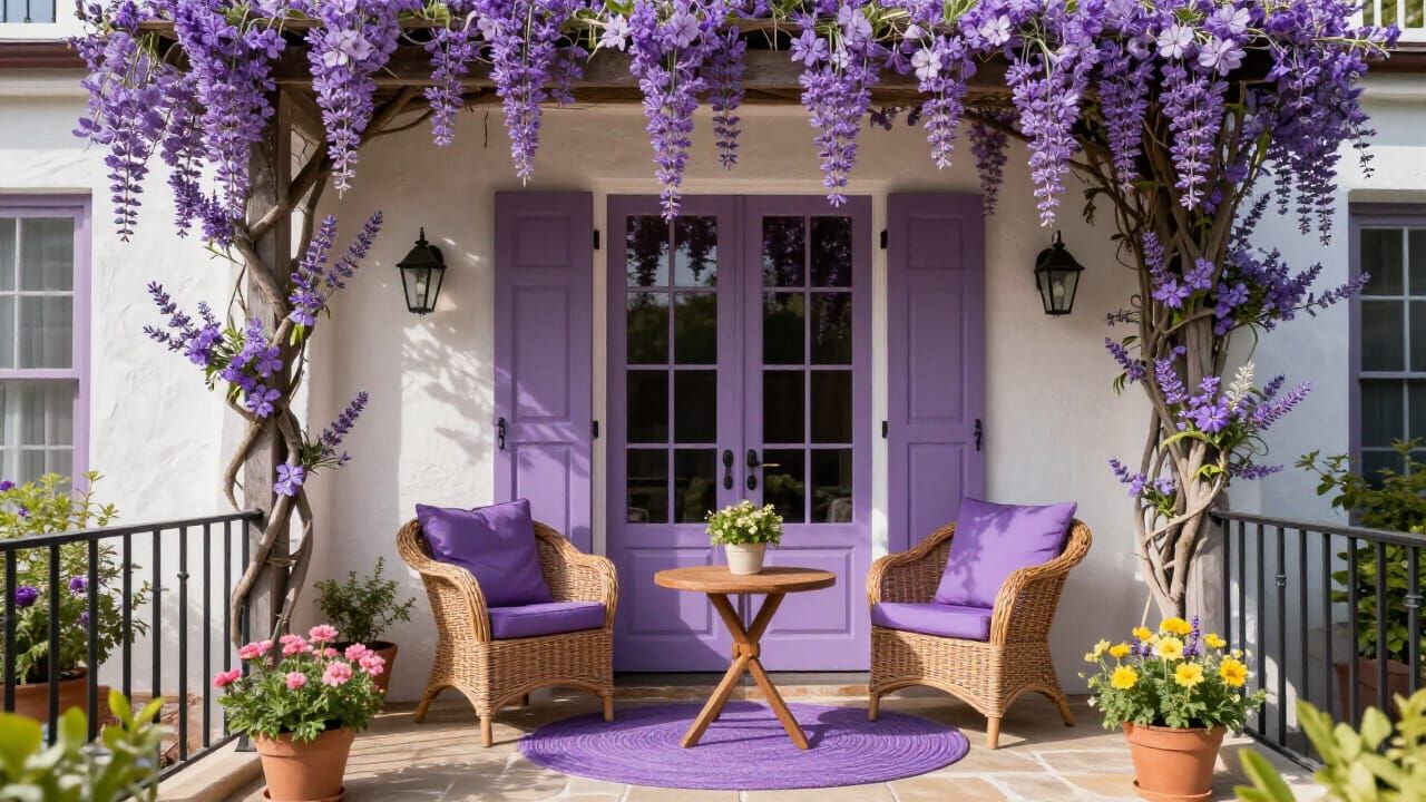 Charming Sunlit Porch with Cascading Purple Flowers