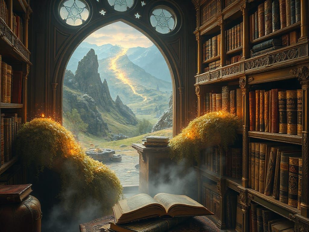 Mystical Library: Books Transforming into Lush Landscapes