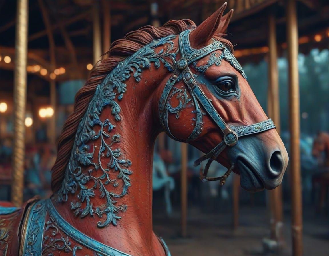 Carousel Horse Digital Painting with Expressive Cracked Pain...