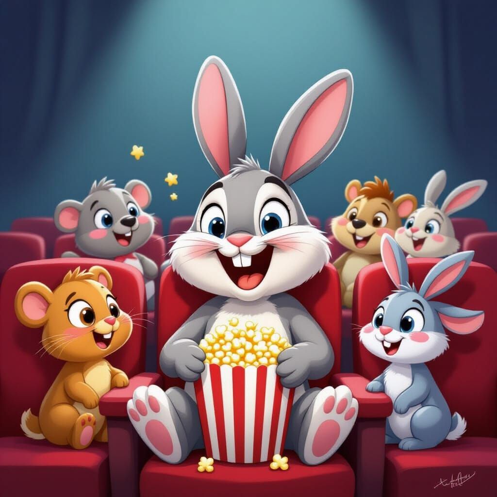 Cartoon Rabbit's Movie Night with Friends