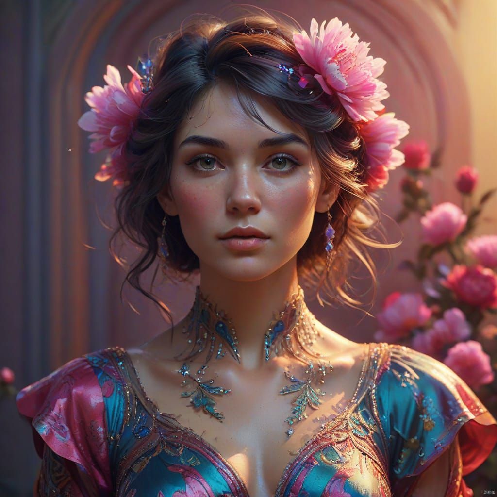 Serenely Confident Woman in Art Nouveau-Inspired Silk Gown