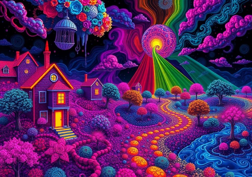 Fluorescent Surreal Landscape with Fractal Zentangle Art