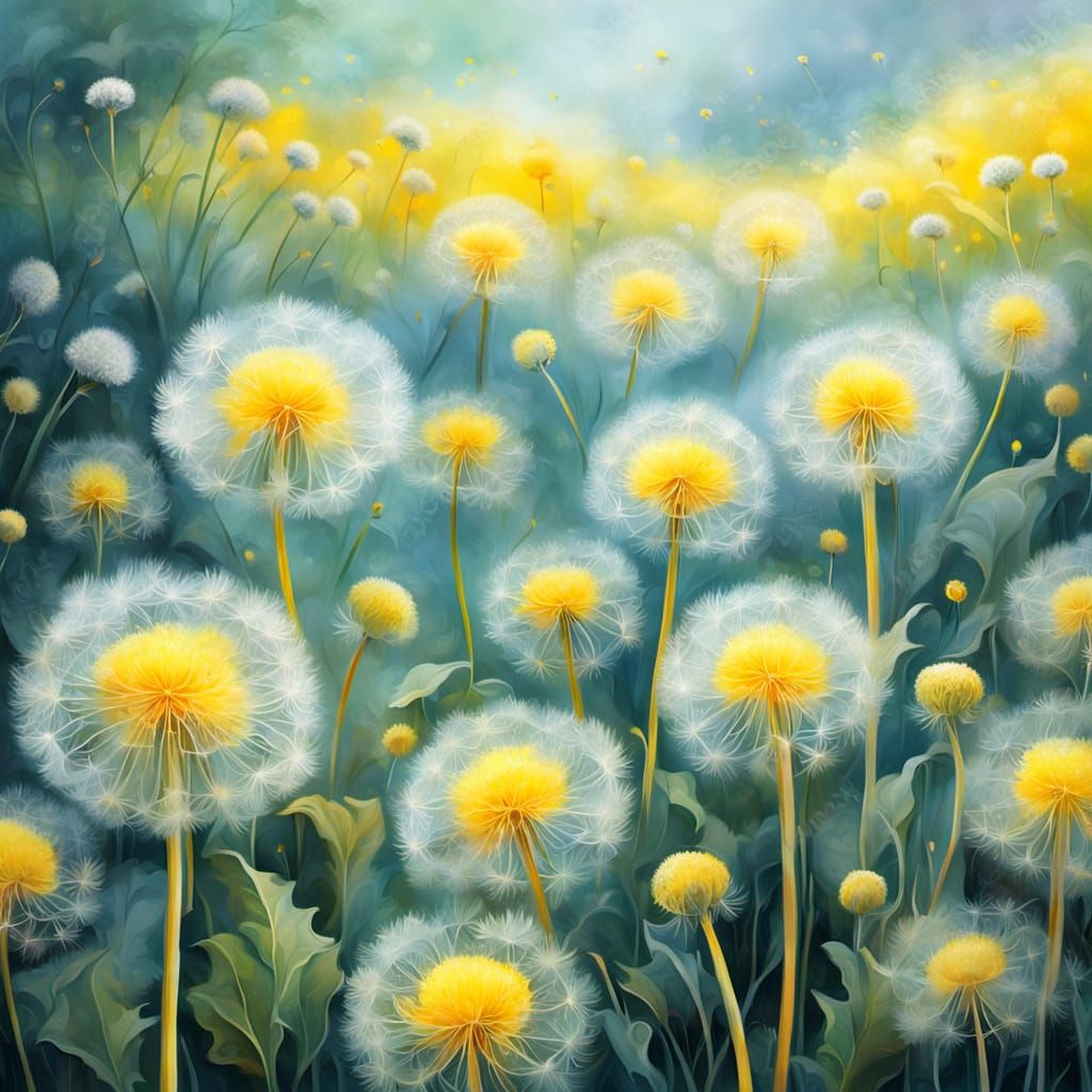 Surreal Dandelion Garden in Vibrant Oil Painting Style